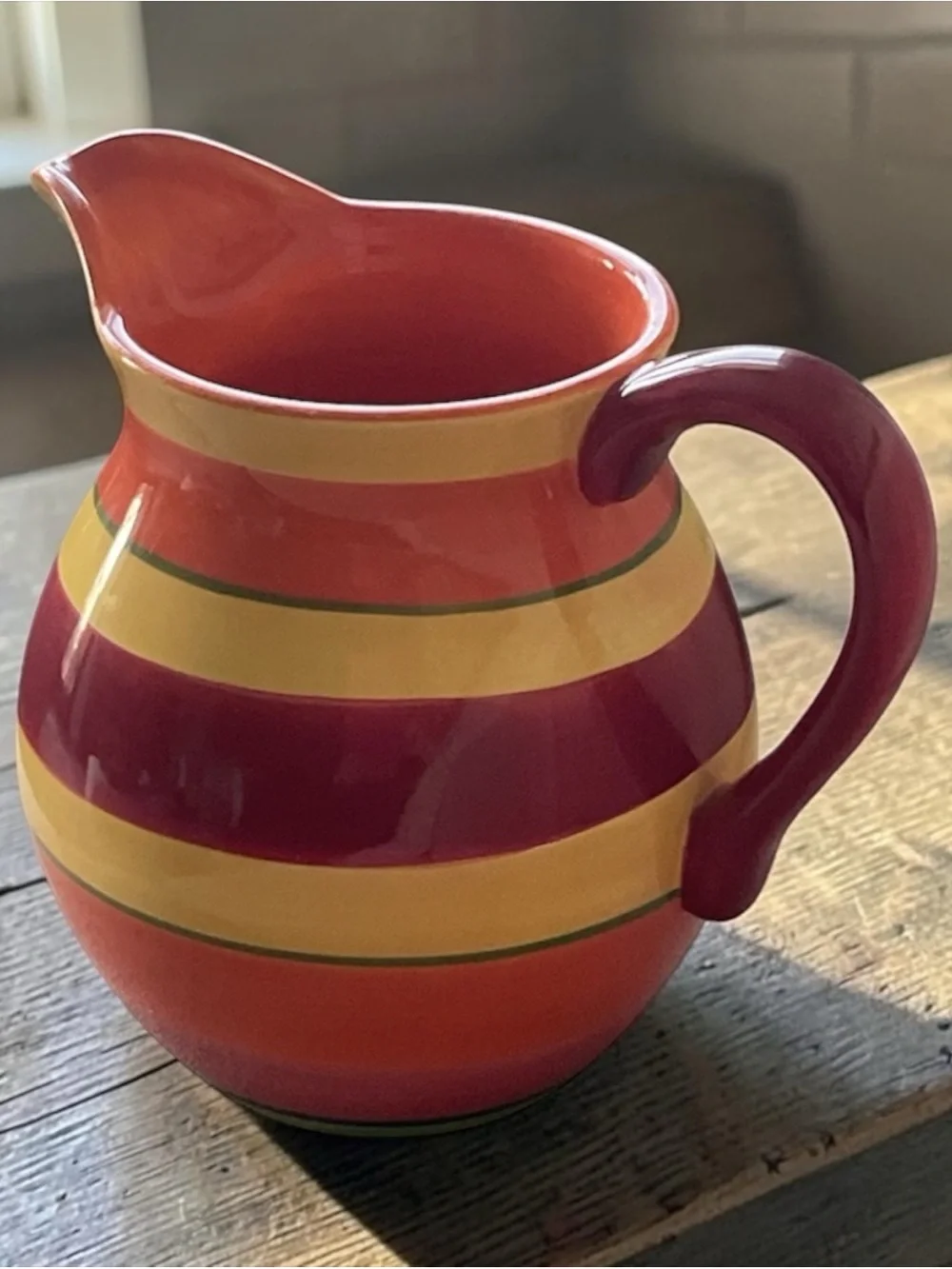 Crate&Barrel Striped Ceramic Pitcher in Red, Orange & Yellow